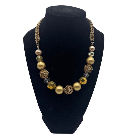 Vintage Gold Tone Multi Bead Necklace Chain Brushed Gold Rhinestones Clear Beads - Picture 1 of 4